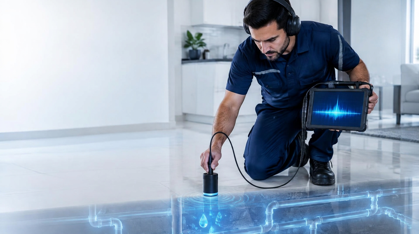Técnico da AUX localizando vazamento com geofone eletrônico